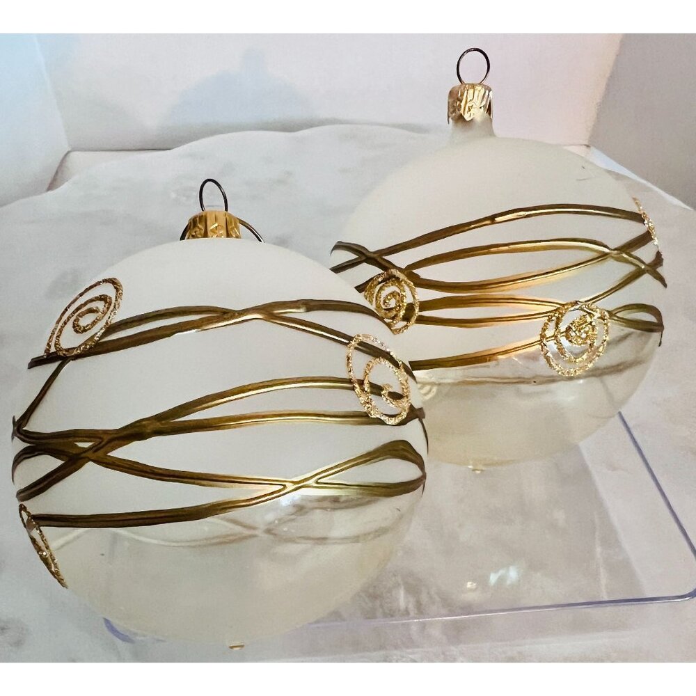 Christmas Ornaments Lot of 2 Hand Blown Painted‎ Glass Gold Swirls  Glitter